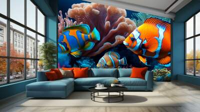 Tropical sea underwater fishes on coral reef. Aquarium oceanarium wildlife colorful marine panorama landscape nature snorkel diving Wall mural