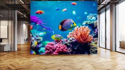 Tropical sea underwater fishes on coral reef. Aquarium oceanarium wildlife colorful marine panorama landscape nature snorkeling diving Wall mural