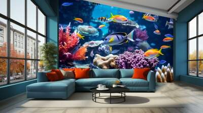 Tropical sea underwater fishes on coral reef. Aquarium oceanarium wildlife colorful marine panorama landscape nature snorkeling diving Wall mural