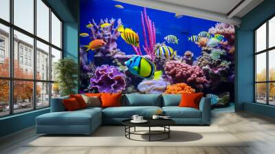 Tropical sea underwater fishes on coral reef. Aquarium oceanarium wildlife colorful marine panorama landscape nature snorkeling diving Wall mural