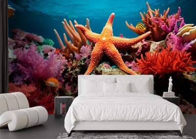 Tropical sea underwater starfish on coral reef. Aquarium oceanarium wildlife colorful marine panorama landscape nature snorkeling diving Wall mural