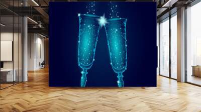 Two blue glowing glasses champagne sparkles. Happy New Year Valentine Day greeting card concept. Romantic love couple date low poly polygonal modern triangle 3d design vector illustration Wall mural