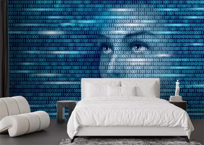 Virtual assistant voice recognition service technology business concept. AI artificial intelligence robot help work support. Chatbot futuristic binary code computer program vector illustration Wall mural