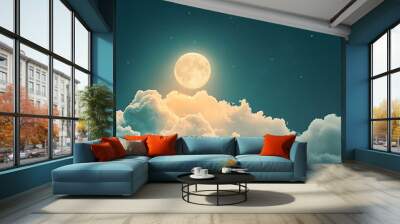 A depiction of a beautiful night sky with a full moon rising over fluffy white clouds. Background for socials. Copy space blank. Square format.  Wall mural