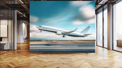 A white Boeing airplane taking off from the airport runway with a blurred background, capturing the moment it ascends into the clear blue sky. High-resolution image of a commercial aircraft ready for  Wall mural