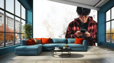 An illustration of a teenager staring fixated at their phone, with a serious expression. Blank space for copy or text, landscape ratio 16:9 Wall mural