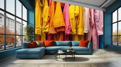 Clothing rail with bold bright pastel coloured clothes, retail shop or wardrobe closet setting, aesthetic horizontal landscape format background Wall mural