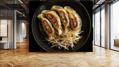 Delicious Japanese Gyoza with Fresh Bean Sprouts, Presented on Black Background. Authentic Asian Cuisine and Appetizing Food Photography. Wall mural