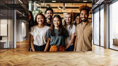 Diverse Professionals Smiling Together, Multicultural people taking group selfie portrait in the office or coffee shop, happy lifestyle and teamwork and friendship concept Wall mural