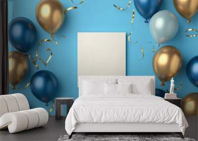 Festive Celebration with Blue and Gold Balloons, Central Square Card, and Sparkling Glitter Background. Party Decor and Invitation Concept. Wall mural