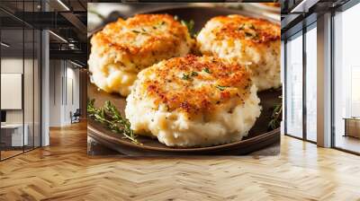 Golden-Brown Crispy Fish Cakes with Creamy Mashed Potatoes, Served on Elegant Plate in a Warm Kitchen with Natural Light. Delectable Seafood and Comfort Food Fusion Wall mural