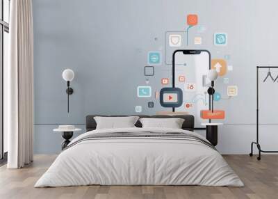 Mobile Phone with Floating Icons of Artificial Intelligence, Video, and Data on Light Grey Background Representing AI in Marketing for Virtual Events and Digital Transformation Wall mural