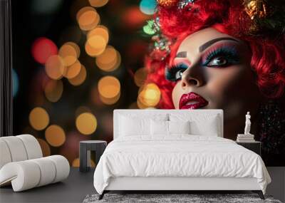 Professional style photo of super glamorous drag queen with a Christmas or festive season inspired theme, LGBTQ+, queer Christmas. Wide landscape 16:9 with copy space, copy blank Wall mural