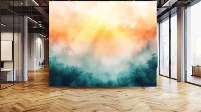 Stunning Abstract Watercolor Landscape with Soft Pastel Colors, Sun Rays, and Misty Fog. Nature's Beauty Captured in High-Resolution Vector Illustration. Wall mural