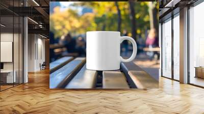 Stylish 11oz White Ceramic Coffee Mug on Park Bench, Mockup Photography with Blurred People in the Background, Casual Outdoor Morning Coffee Experience Wall mural