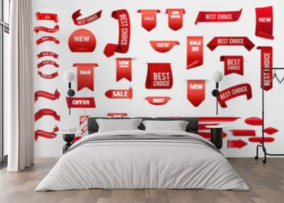 Giveaway tags or labels for social media post. Red announcement 3d banners giveaway contest ribbons. Wall mural