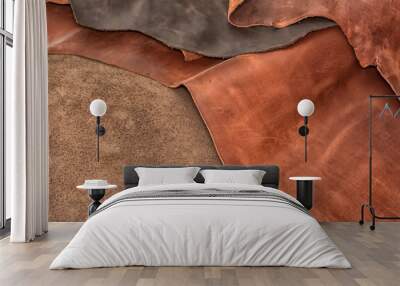 Texture of pieces brown leather. Natural material background. Wall mural