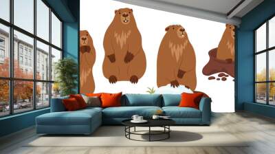 Collection Groundhogs. Rodent animal in snow, marmot stands and looking out of an earthen hole. Cute Isolated characters for Groundhog Day holiday design on February 2. vector illustration Wall mural