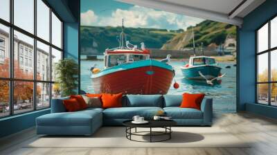 Colorful boats float gently on calm water, embraced by lush green hills and a bright blue sky filled with fluffy clouds. Wall mural