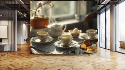 Cozy Morning Tea with Eggs and Toast by the Window - Warm and Inviting Atmosphere Wall mural