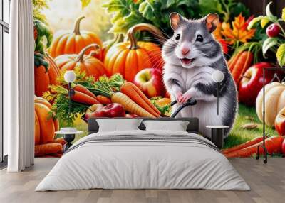 Cute hamster joyfully pushing a wheelbarrow full of carrots and apples in a vibrant autumn setting Wall mural