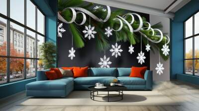 Elegant Christmas garland with snowflakes and ribbons on a dark background for holiday decor Wall mural