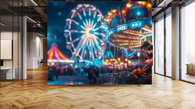 Enjoy the vibrant night at a fun fair with colorful lights and Ferris wheel. Experience joy and excitement with rides and games. Wall mural