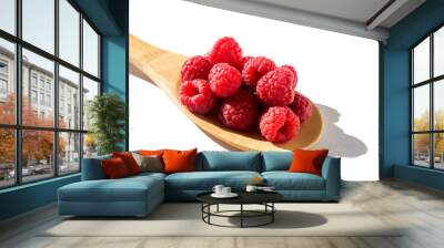 Fresh juicy sweet tasty raspberries on a wooden bamboo spoon. Isolated on white background.  Wall mural