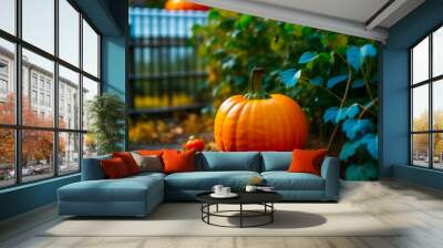 Large orange pumpkin grown in a garden plot. Wall mural