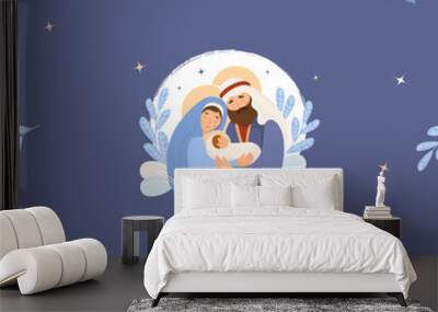 Merry Christmas seamless pattern. Holy family, birth of Jesus Christ. Virgin Mary, Joseph divine baby on blue background. vector illustration for holiday design, wallpaper, decor, print, packaging. Wall mural