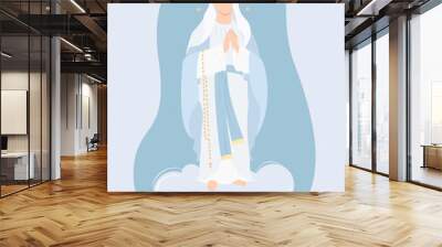 Most Holy Theotokos the Queen of Heaven. Virgin Mary in blue maforia prays meekly with rosary on a cloud. Vector illustration for Christian and Catholic communities, design of religious holidays Wall mural