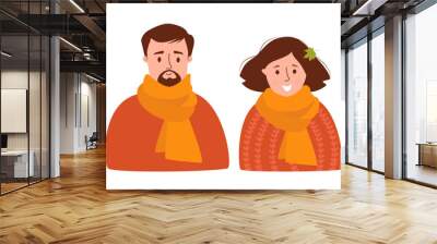 Portrait of couple of man and girl. Pretty woman with a hairstyle with an autumn maple leaf and man with beard in scarf. Vector illustration. Characters for design, decora, posters, cards and avatars Wall mural