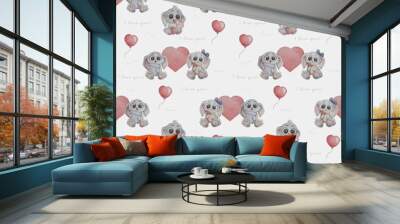 Seamless pattern. Cute animals. Gray rabbits in love. Funny girl hare with a flower and a boy with a gift in his paws on a white background with hearts, a balloon and the word - I love you. Watercolor Wall mural