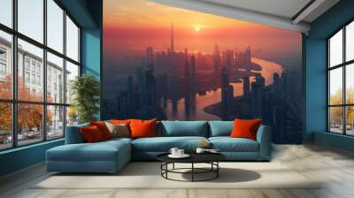 Stunning sunrise over a modern city skyline, highlighting tall buildings and a winding river under a colorful sky. Wall mural