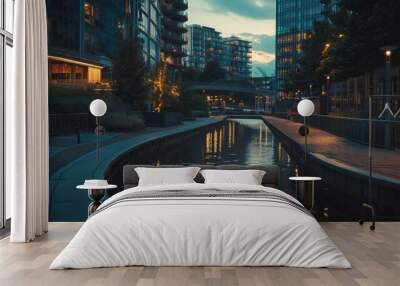 Tranquil Evening River View with Modern Buildings Reflected in Water Wall mural