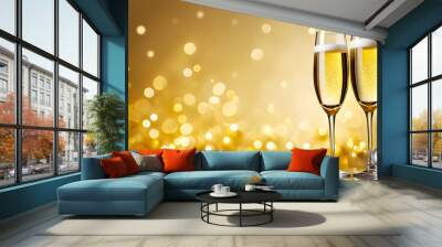 Two glass glasses of champagne on a festive Christmas background Wall mural