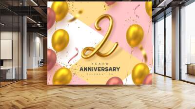 2 years anniversary celebration banner. 3d handwritten golden metallic number 2 and glossy balloons with confetti. Vector realistic template. Wall mural