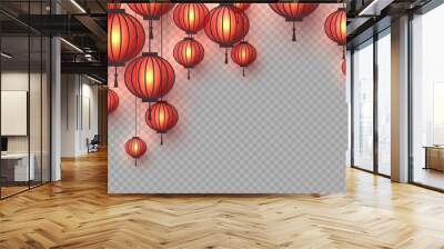 3d Chinese hanging lanterns with glowing lights. Decorative paper cut elements for Chinese New Year, festivals or holiday background. Isolated on transparent. Vector illustration. Wall mural