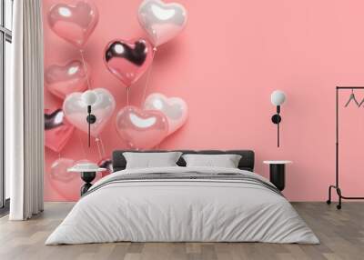 3d glossy heart balloons. Pink background for Valentine's day, Mother's day or wedding. 3d rendering illustration with copy space. Wall mural