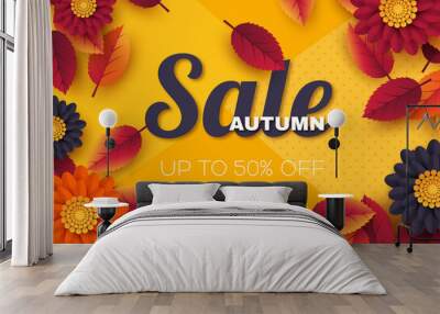 Autumn sale banner with 3d leaves and flowers. Yellow background - template for seasonal discounts. Vector illustration. Wall mural