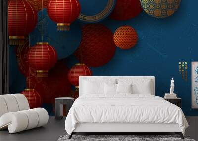 Chinese New Year banner. Paper cut 3d round shapes with geometric and floral patterns and hanging lanterns, hieroglyph sign. Red, dark blue colors. Translation Happy New Year. Vector. Wall mural