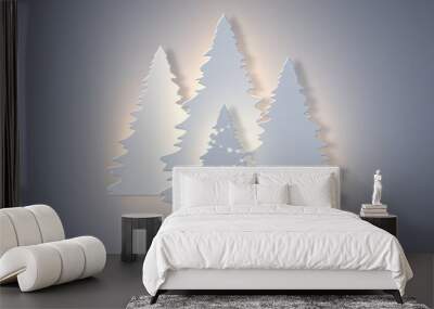 Christmas holiday banner with paper cut style fir-tree and glowing lights. New year background, vector illustration. Wall mural