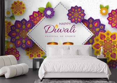 Diwali festival holiday design with paper cut style of Indian Rangoli, flowers and diya - oil lamp. White color background, vector illustration. Wall mural