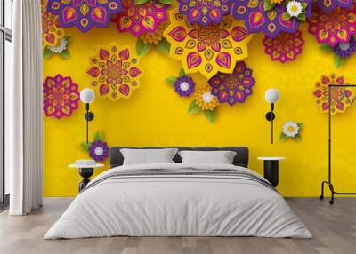 Diwali festival holiday design with paper cut style of Indian Rangoli and flowers. Purple, violet colors on yellow background, vector illustration. Wall mural