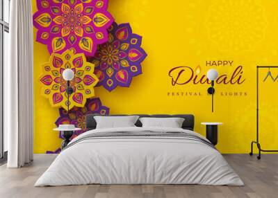 diwali festival holiday design with paper cut style of indian rangoli. purple color on yellow backgr Wall mural