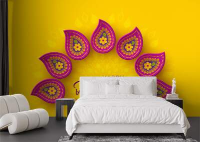 Diwali festival holiday design with paper cut style of Indian Rangoli. Purple color on yellow background, vector illustration. Wall mural