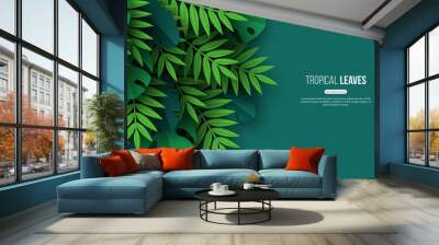 Exotic jungle tropical palm leaves. Summer floral design with green color background. Vector illustration. Wall mural