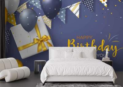 Happy Birthday holiday design for greeting cards. Bunting flags, balloons, confetti and gift box. Template for birthday celebration. Vector illustration. Wall mural