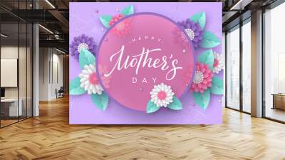 Happy Mothers day typography design. Handwritten calligraphy with 3d paper cut flowers and leaves on purple background. Vector illustration. Wall mural