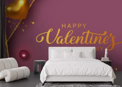 Happy Valentine's Day banner. 3d metallic pink and golden hearts with confetti, candles, decorative glitter strips. Handwritten lettering text. Vector. Wall mural